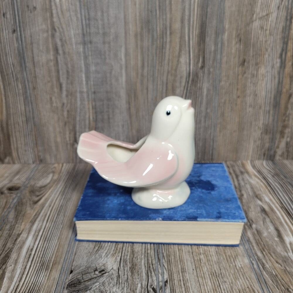 Vintage FAPCO Ceramic Bird Planter Mid Century Pottery White Pink Succulent Pot